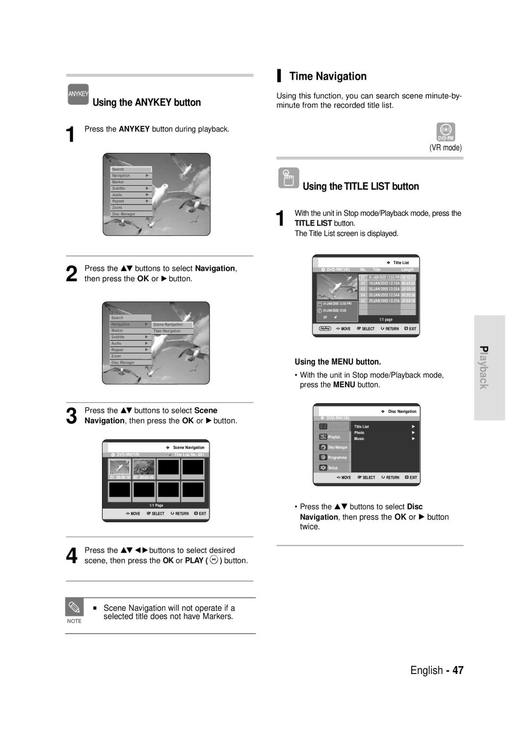 Samsung DVD-R119/EUR Time Navigation, Press the …† buttons to select Scene, Navigation, then press the OK or √ button 