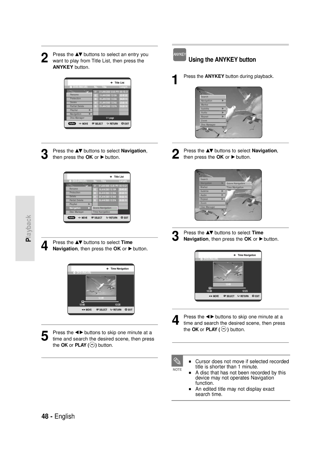 Samsung DVD-R119/EUR manual Press the …† buttons to select Navigation, Press the …† buttons to select Time 