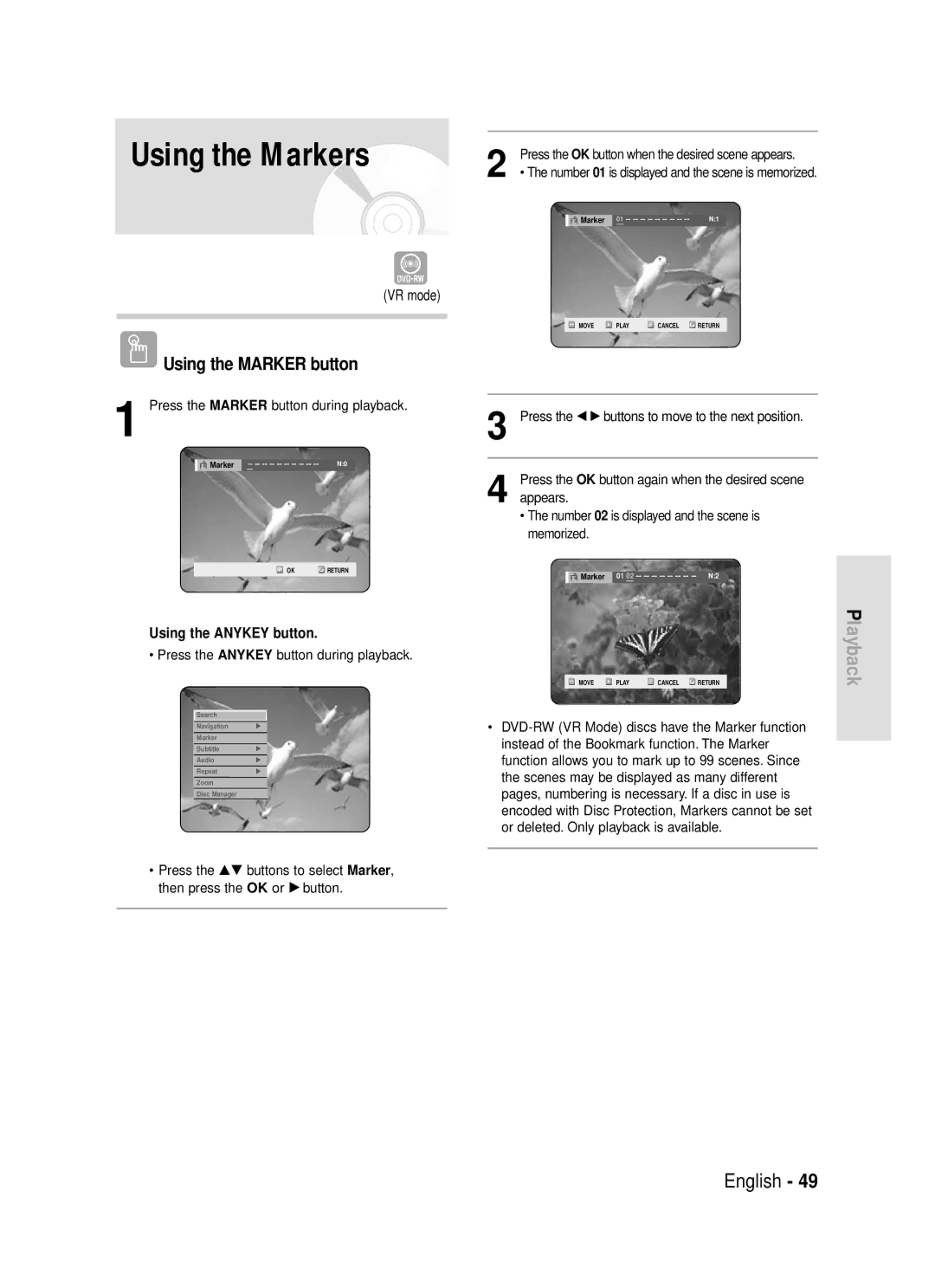 Samsung DVD-R119/EUR manual Using the Markers, Press the Marker button during playback 