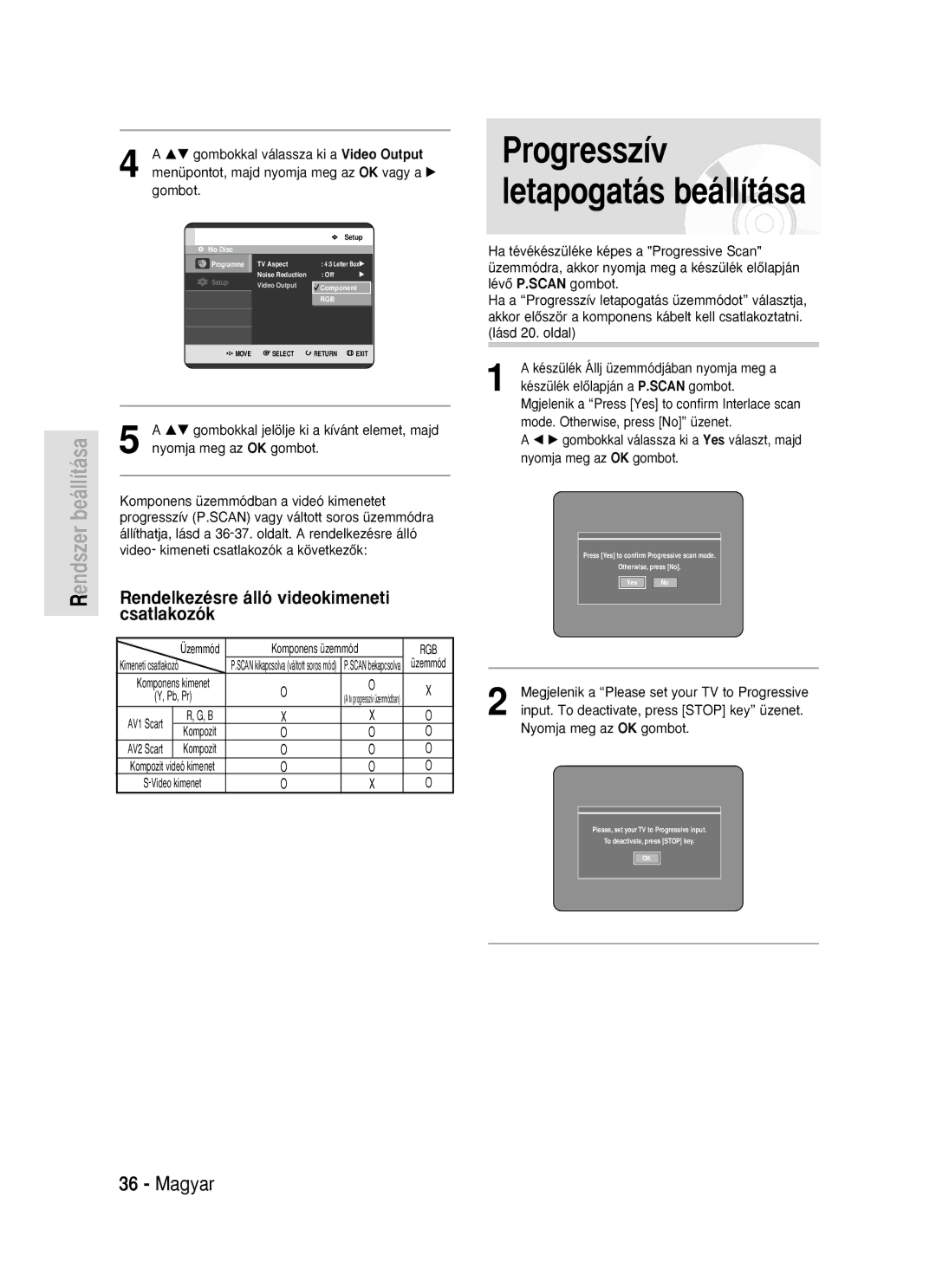 Samsung DVD-R119/EUR manual Csatlakozók, Rendelkezésre álló videokimeneti, …† gombokkal válassza ki a Video Output 