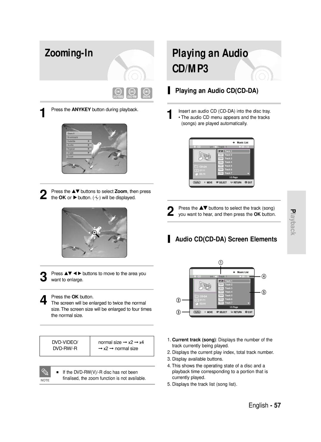 Samsung DVD-R119/EUR manual Zooming-In, Playing an Audio CDCD-DA, Audio CDCD-DA Screen Elements 