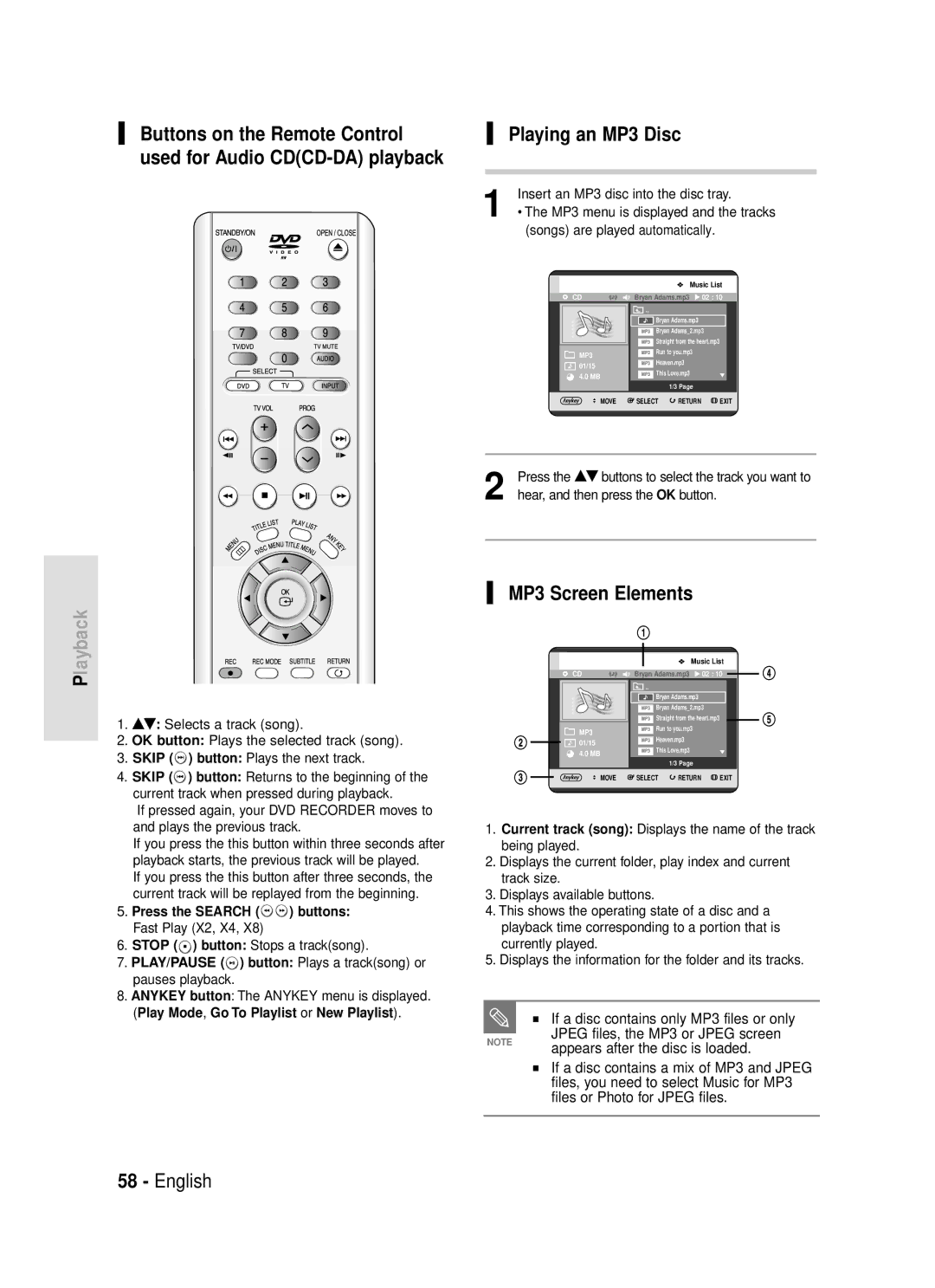 Samsung DVD-R119/EUR manual Playing an MP3 Disc, MP3 Screen Elements 