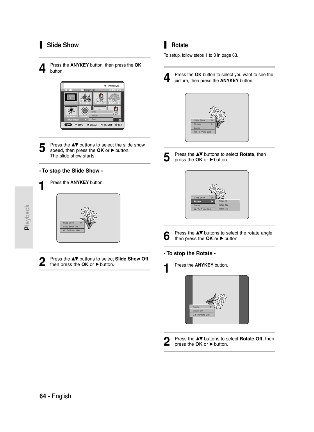 Samsung DVD-R119/EUR manual Slide Show, Rotate, Press the Anykey button, then press the OK button 