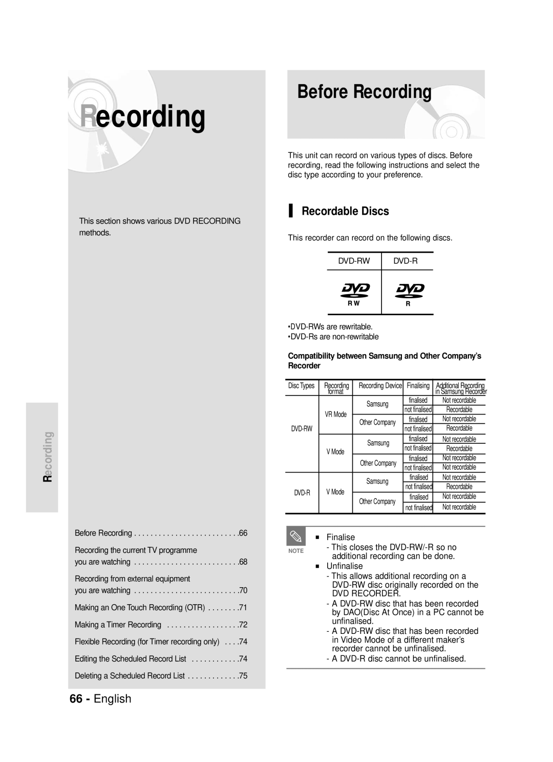 Samsung DVD-R119/EUR manual Before Recording, Recordable Discs 