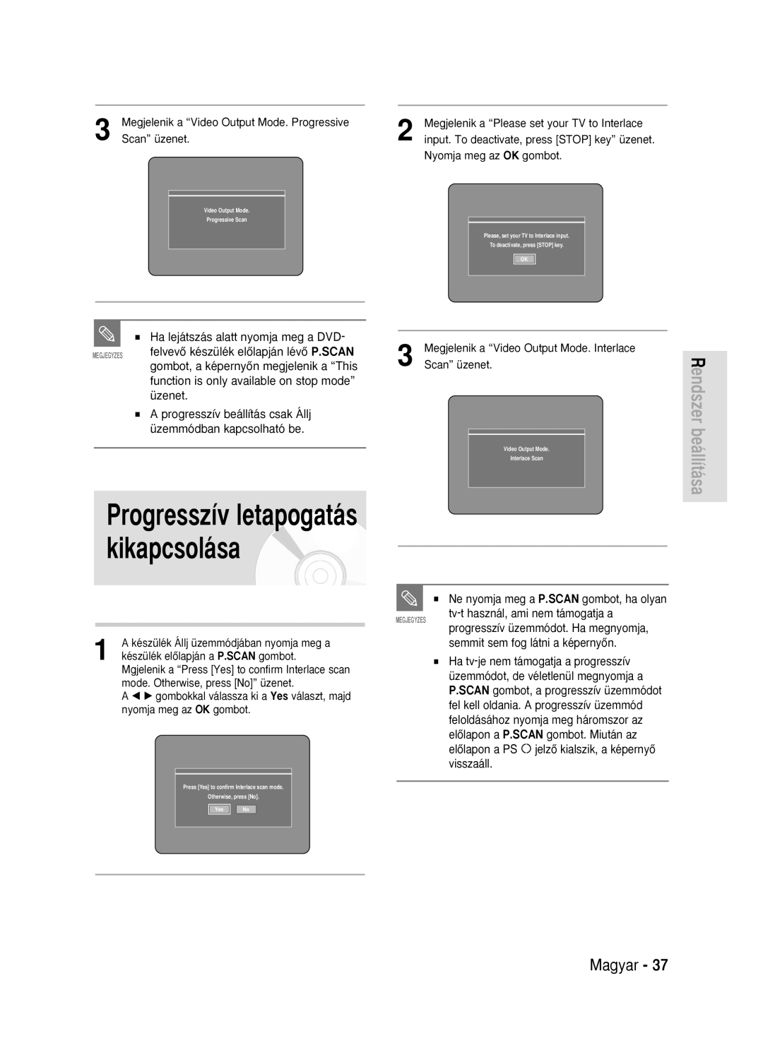 Samsung DVD-R119/EUR manual Progresszív letapogatás kikapcsolása 