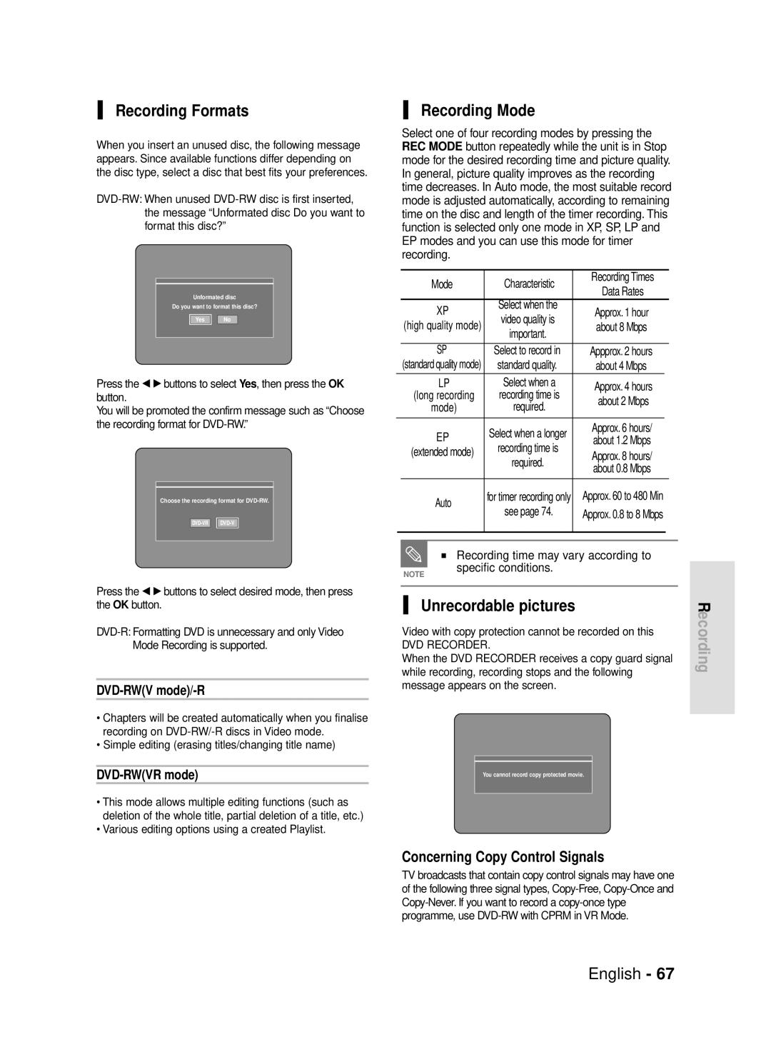 Samsung DVD-R119/EUR Recording Formats, Recording Mode, Various editing options using a created Playlist, Characteristic 