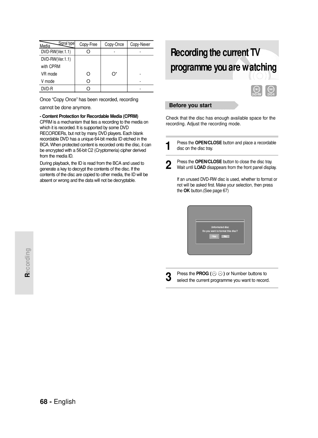 Samsung DVD-R119/EUR manual Media, Copy-Free, With Cprm, Press the Prog Or Number buttons to 