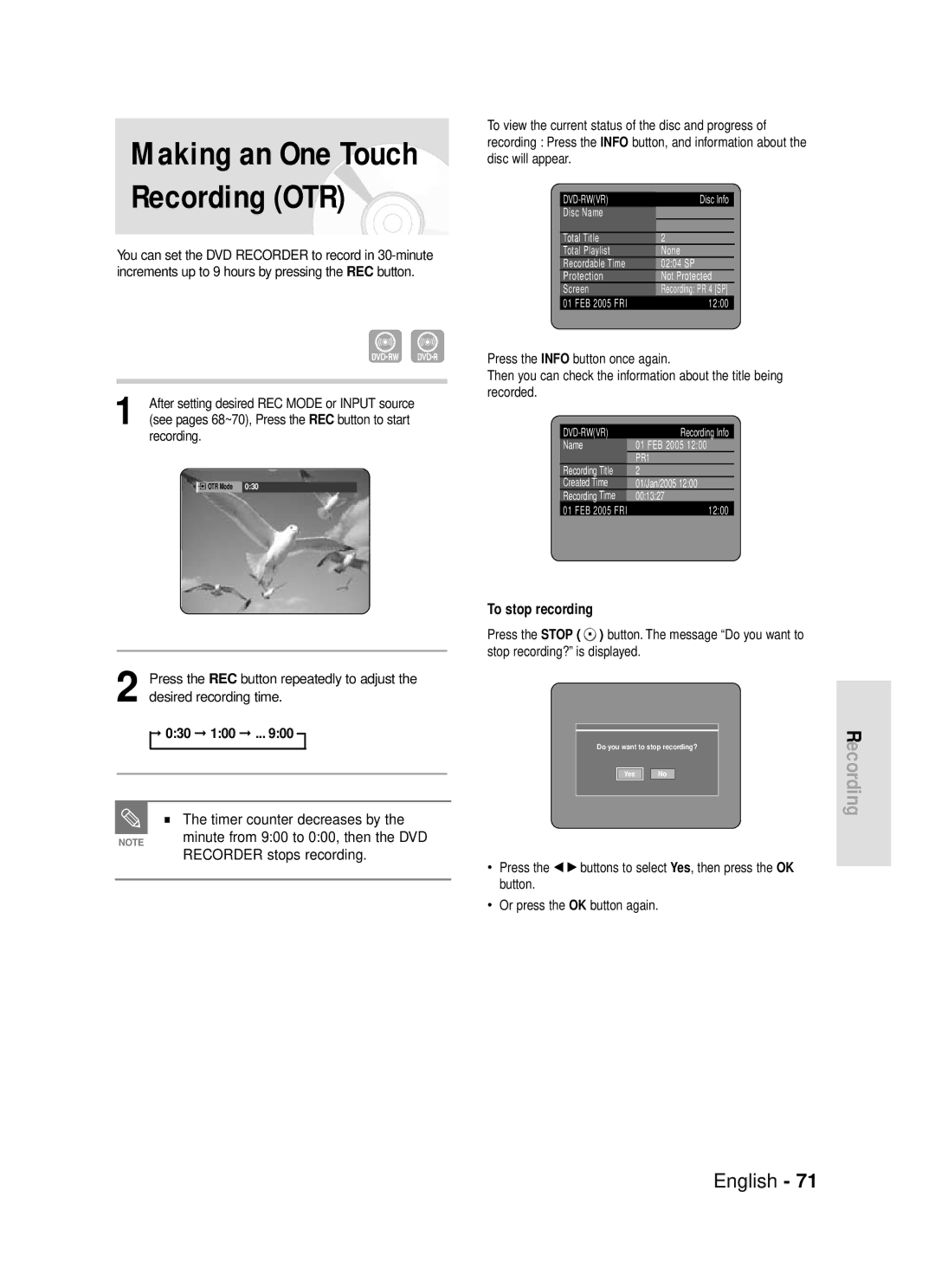 Samsung DVD-R119/EUR manual Making an One Touch Recording OTR 