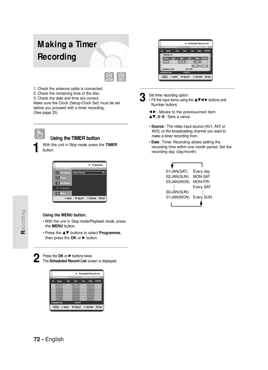 Samsung DVD-R119/EUR manual Making a Timer Recording 