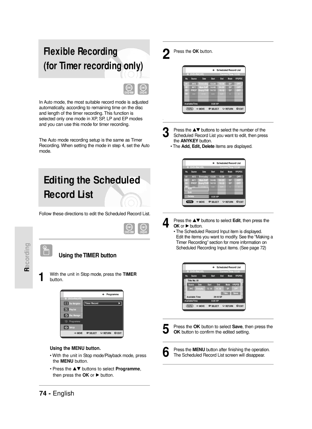 Samsung DVD-R119/EUR manual Flexible Recording, Record List, EcordingR 