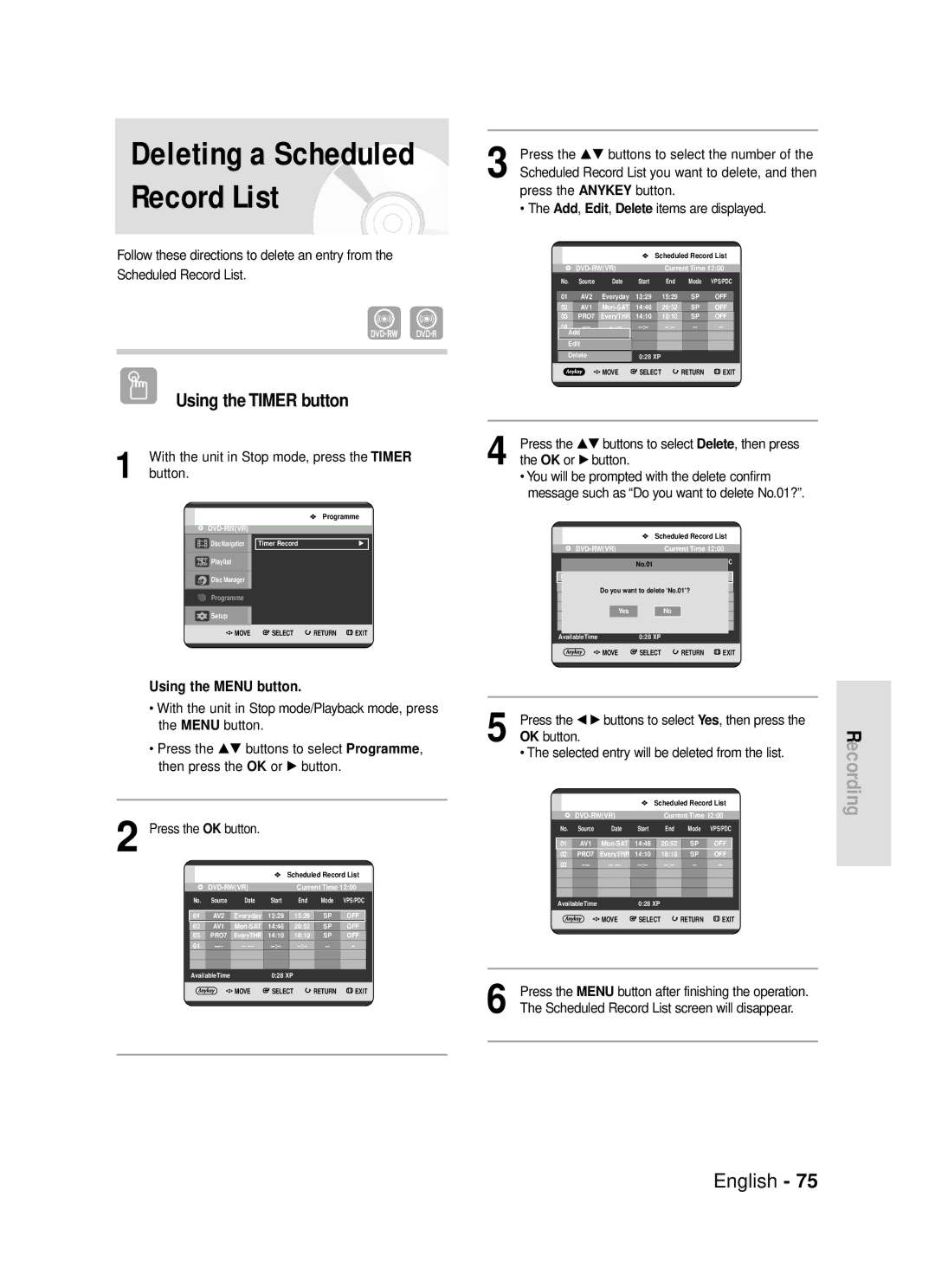 Samsung DVD-R119/EUR manual Deleting a Scheduled Record List, Press the …† buttons to select the number 