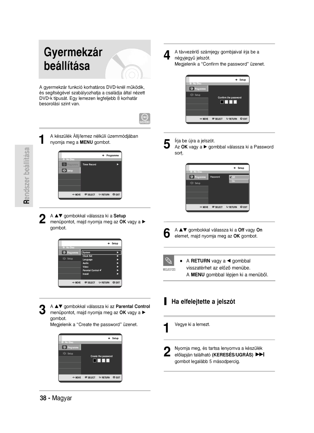 Samsung DVD-R119/EUR manual Gyermekzár Beállítása, Ha elfelejtette a jelszót, Sort 