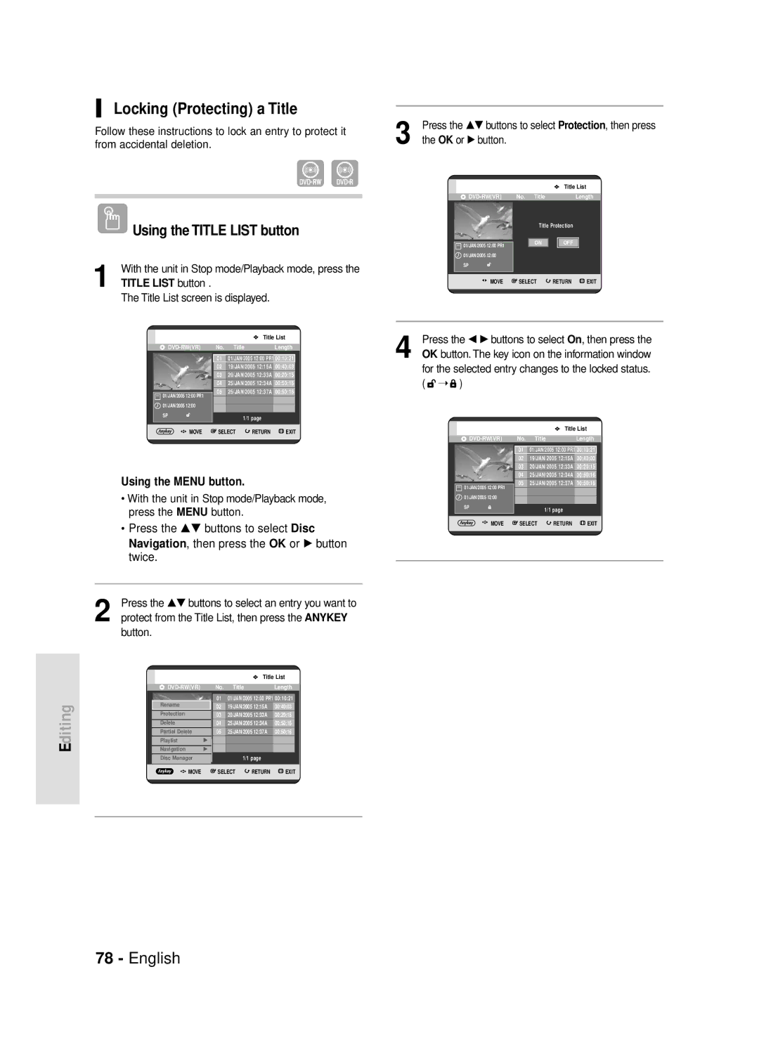 Samsung DVD-R119/EUR manual Locking Protecting a Title, For the selected entry changes to the locked status 