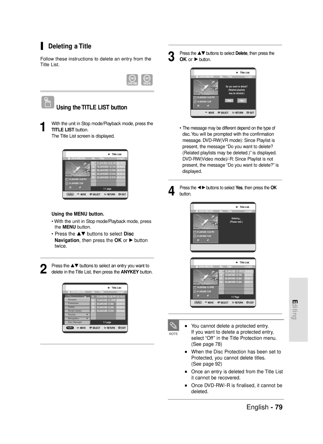 Samsung DVD-R119/EUR manual Deleting a Title, Button 