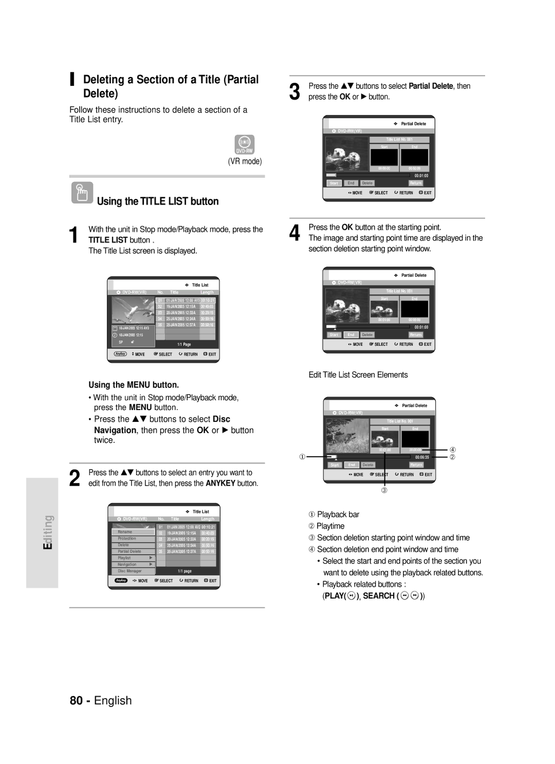 Samsung DVD-R119/EUR manual Deleting a Section of a Title Partial Delete, Section deletion starting point window 