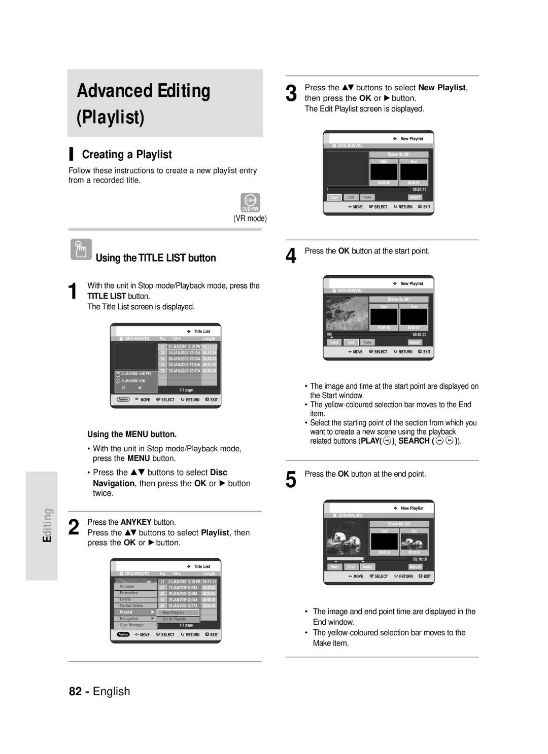 Samsung DVD-R119/EUR manual Creating a Playlist, Press the OK button at the start point, Start window 