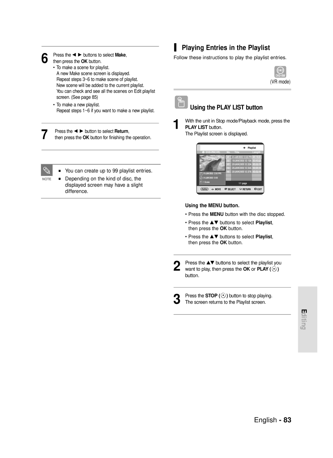 Samsung DVD-R119/EUR manual Playing Entries in the Playlist, Play List button Playlist screen is displayed 