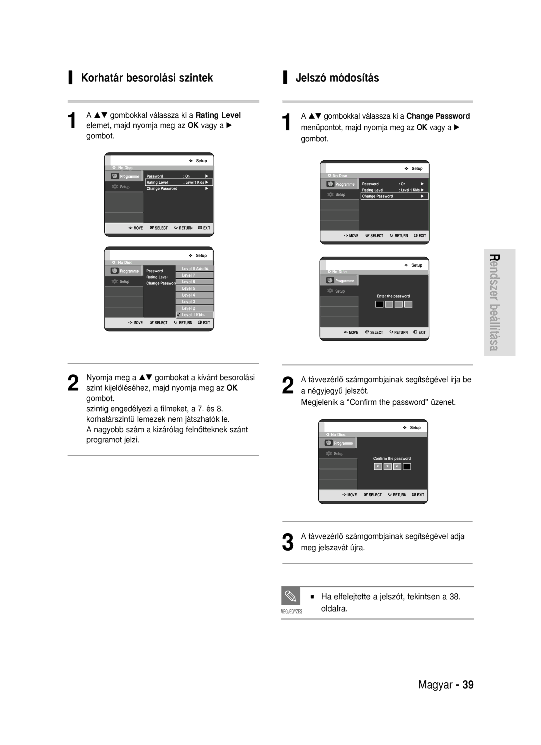 Samsung DVD-R119/EUR manual Korhatár besorolási szintek, Jelszó módosítás, Ha elfelejtette a jelszót, tekintsen a 