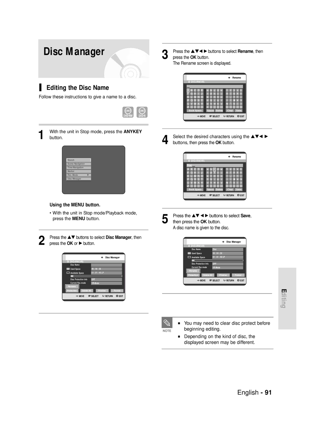 Samsung DVD-R119/EUR manual Disc Manager, Editing the Disc Name, Follow these instructions to give a name to a disc 