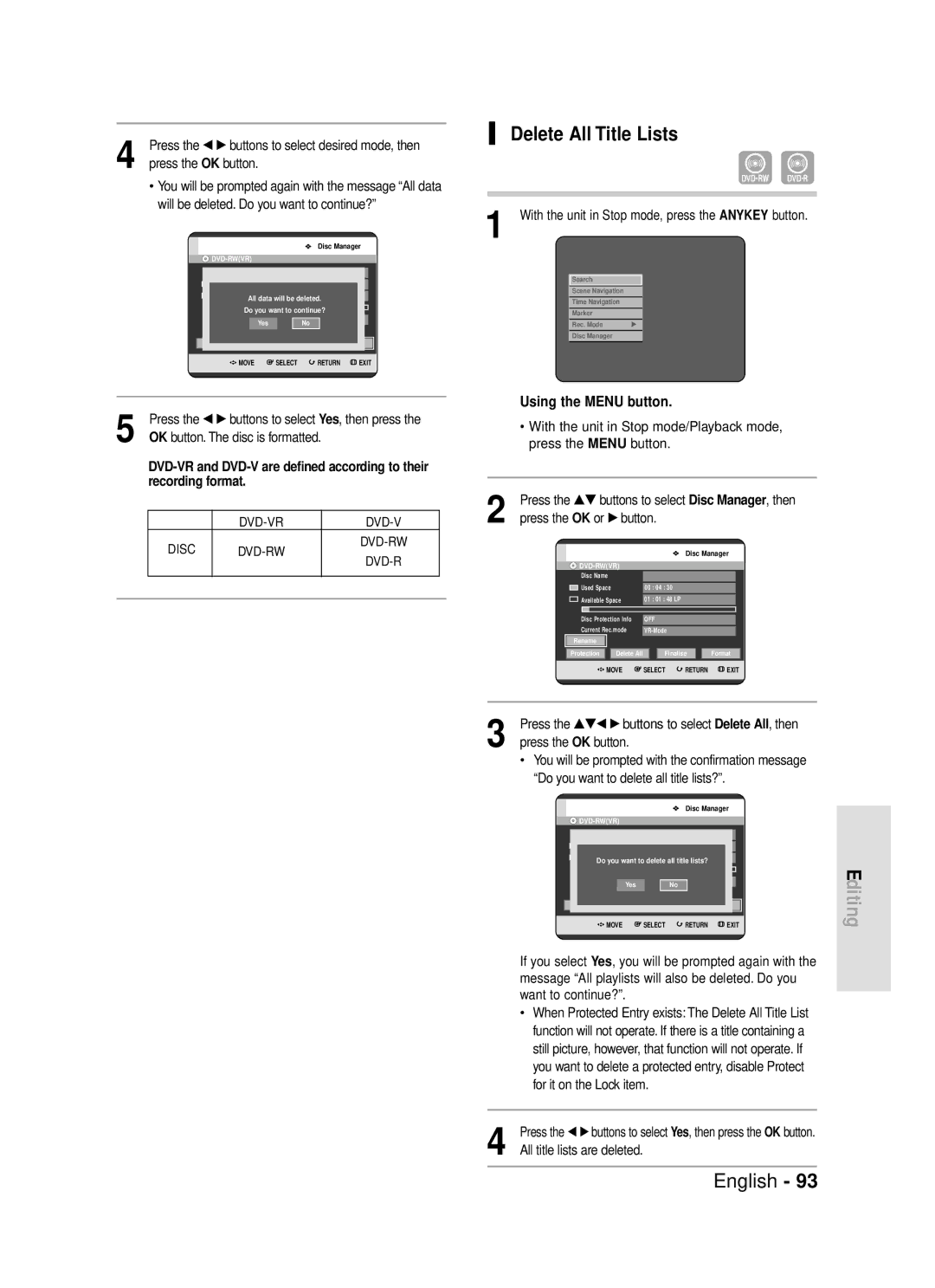 Samsung DVD-R119/EUR manual Delete All Title Lists, With the unit in Stop mode, press the Anykey button 