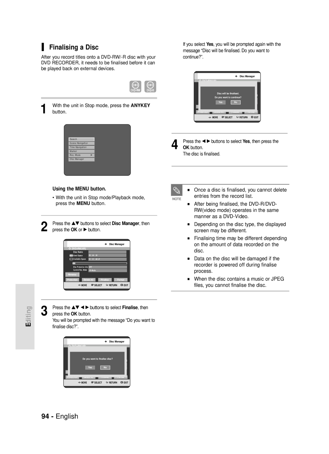 Samsung DVD-R119/EUR manual Diting, Finalising a Disc, Press the …† œ √ buttons to select Finalise, then 