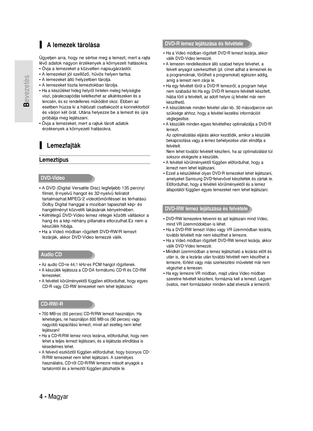 Samsung DVD-R119/EUR manual Lemezek tárolása, Lemezfajták, Lemeztípus 