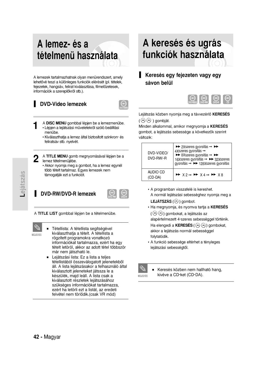 Samsung DVD-R119/EUR manual Keresés és ugrás funkciók használata, Lemez- és a tételmenü használata, DVD-Video lemezek 