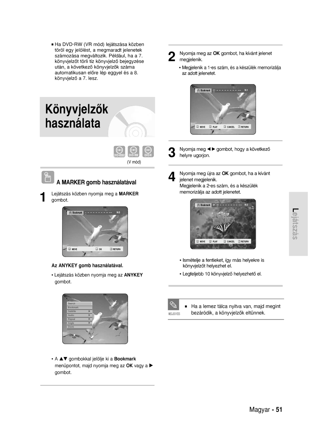 Samsung DVD-R119/EUR manual KönyvjelzŒk Használata, Ha a lemez tálca nyitva van, majd megint 