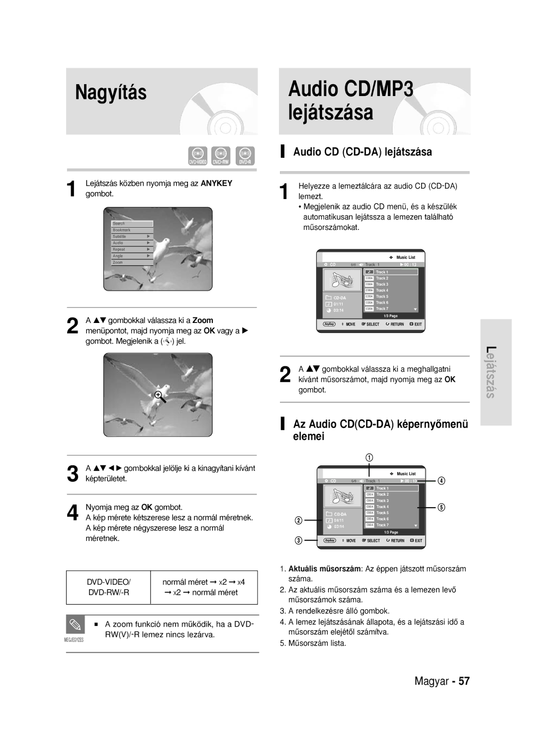 Samsung DVD-R119/EUR manual Nagyítás, Audio CD CD-DA lejátszása, Az Audio CDCD-DA képernyŒmenü elemei 