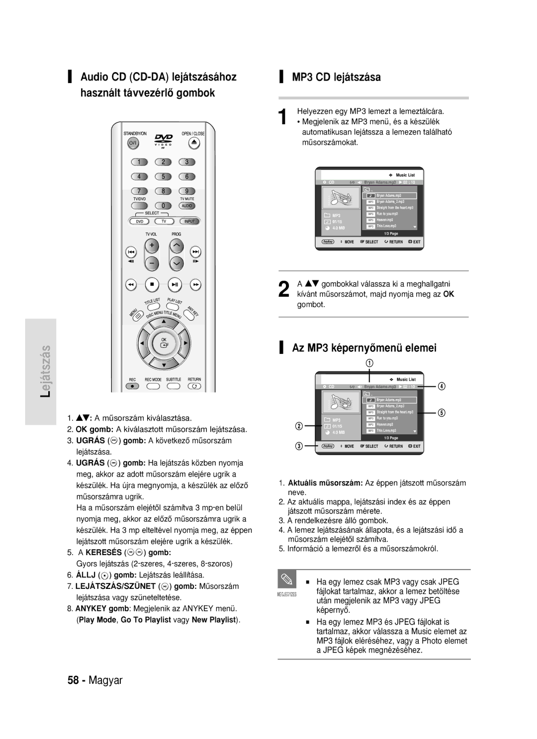 Samsung DVD-R119/EUR manual MP3 CD lejátszása, Az MP3 képernyŒmenü elemei 