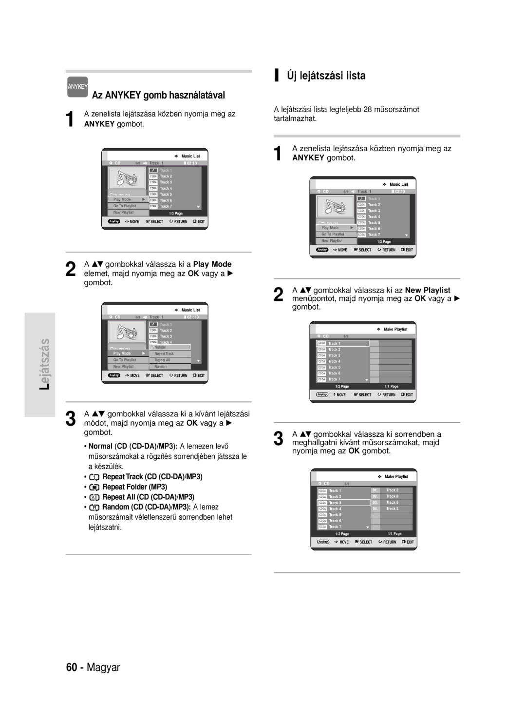 Samsung DVD-R119/EUR manual Új lejátszási lista, Anykey gombot, Készülék 