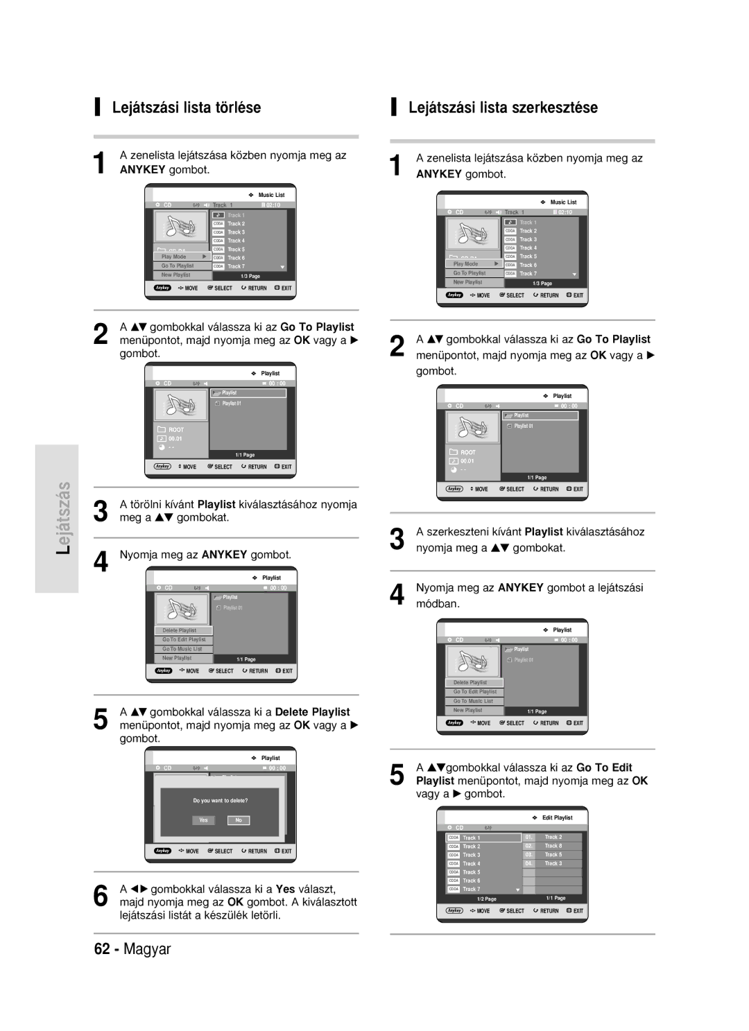 Samsung DVD-R119/EUR manual Lejátszási lista törlése, Lejátszási lista szerkesztése 