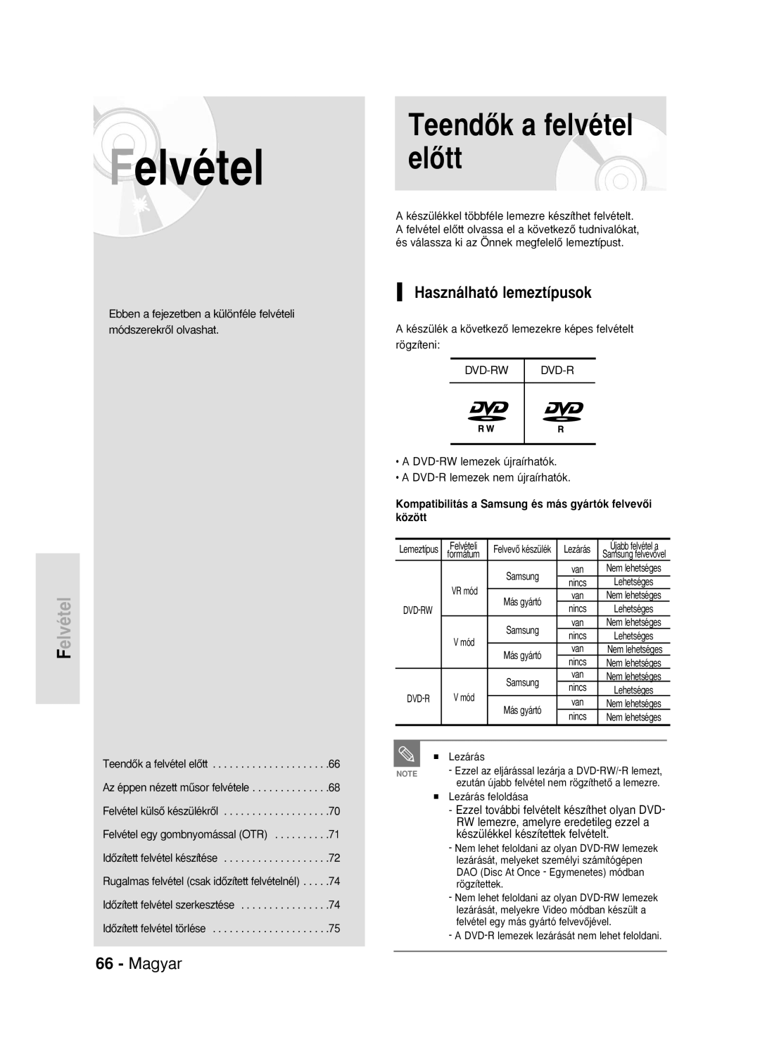 Samsung DVD-R119/EUR manual TeendŒk a felvétel elŒtt, Felvétel, Használható lemeztípusok 