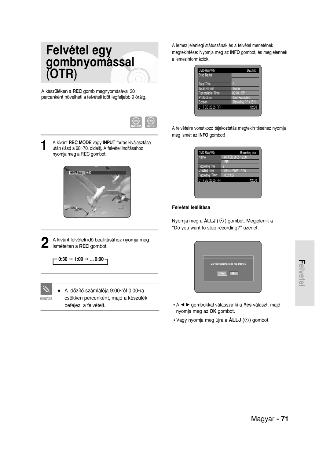 Samsung DVD-R119/EUR manual Elvétel, Nyomja meg a REC gombot, Felvétel leállítása 