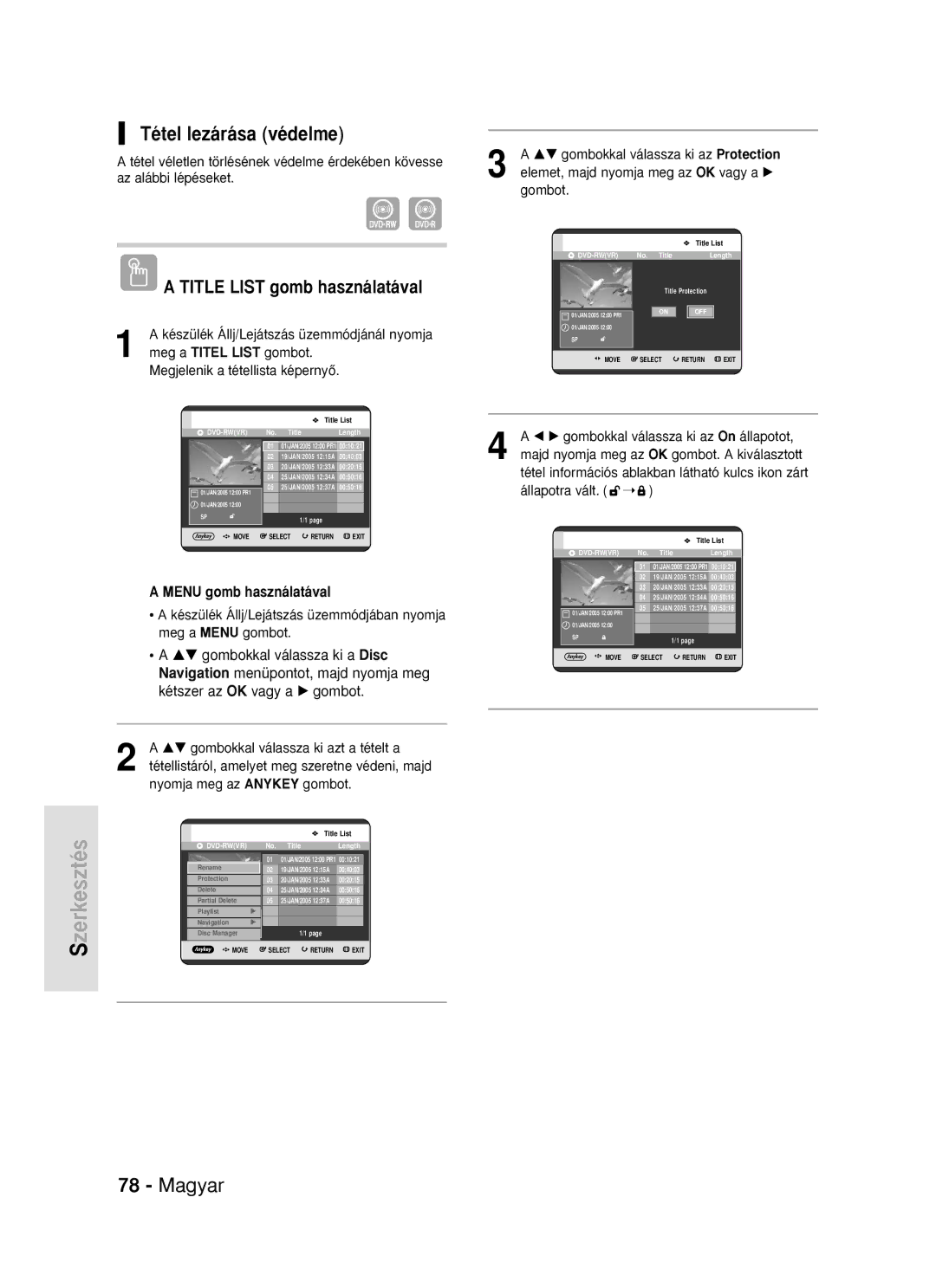 Samsung DVD-R119/EUR manual Tétel lezárása védelme 