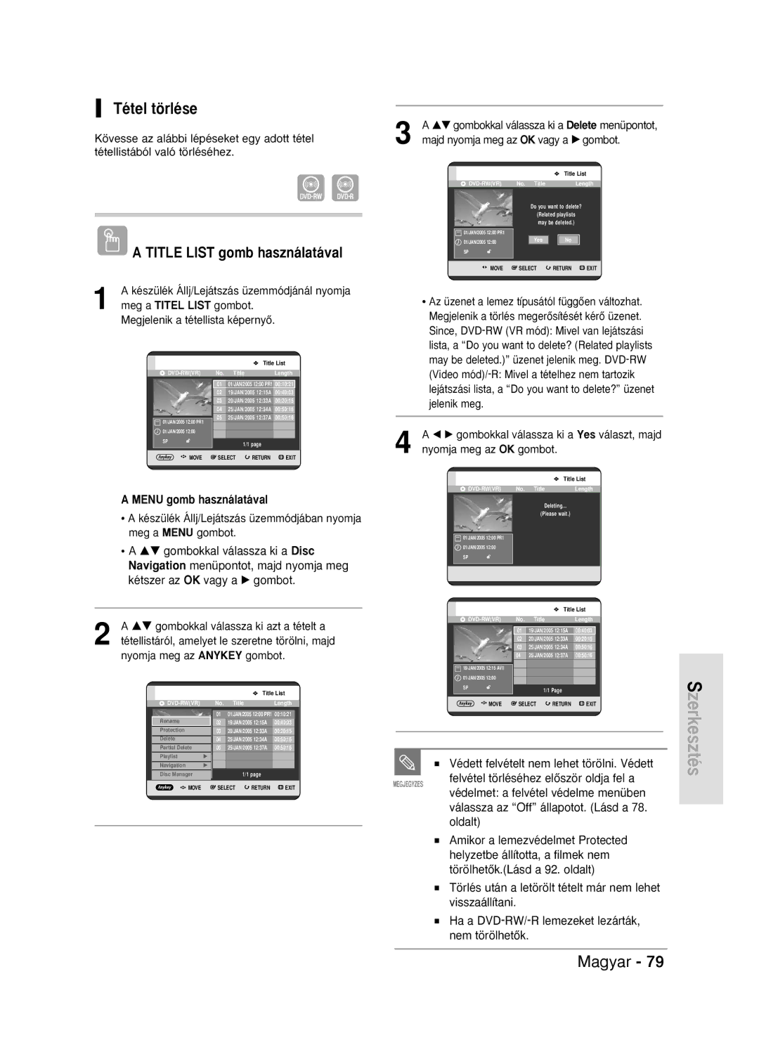 Samsung DVD-R119/EUR Tétel törlése, Védett felvételt nem lehet törölni. Védett, Majd nyomja meg az OK vagy a √ gombot 