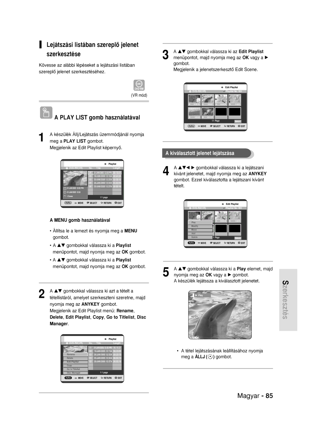 Samsung DVD-R119/EUR manual Lejátszási listában szereplŒ jelenet szerkesztése, Kiválasztott jelenet lejátszása 