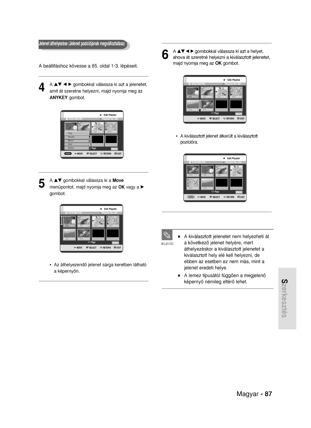 Samsung DVD-R119/EUR manual Kiválasztott jelenetet nem helyezheti át, KövetkezŒ jelenet helyére, mert 