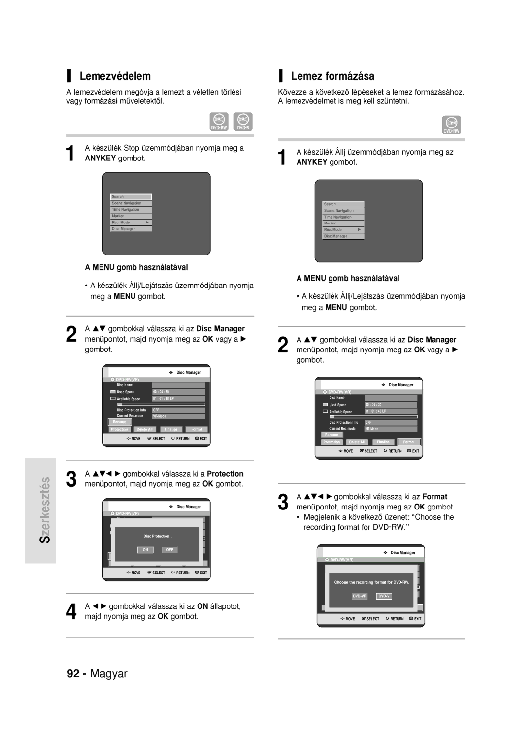 Samsung DVD-R119/EUR manual Lemezvédelem, Lemez formázása 