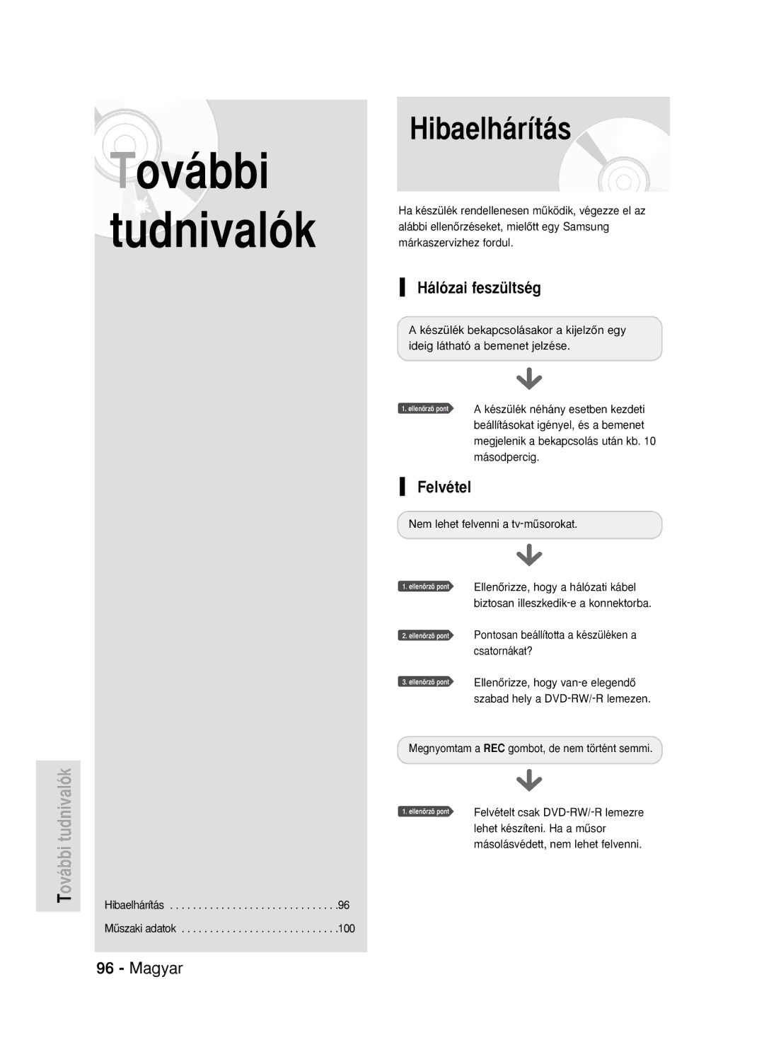 Samsung DVD-R119/EUR manual Hibaelhárítás, Hálózai feszültség, Felvétel 