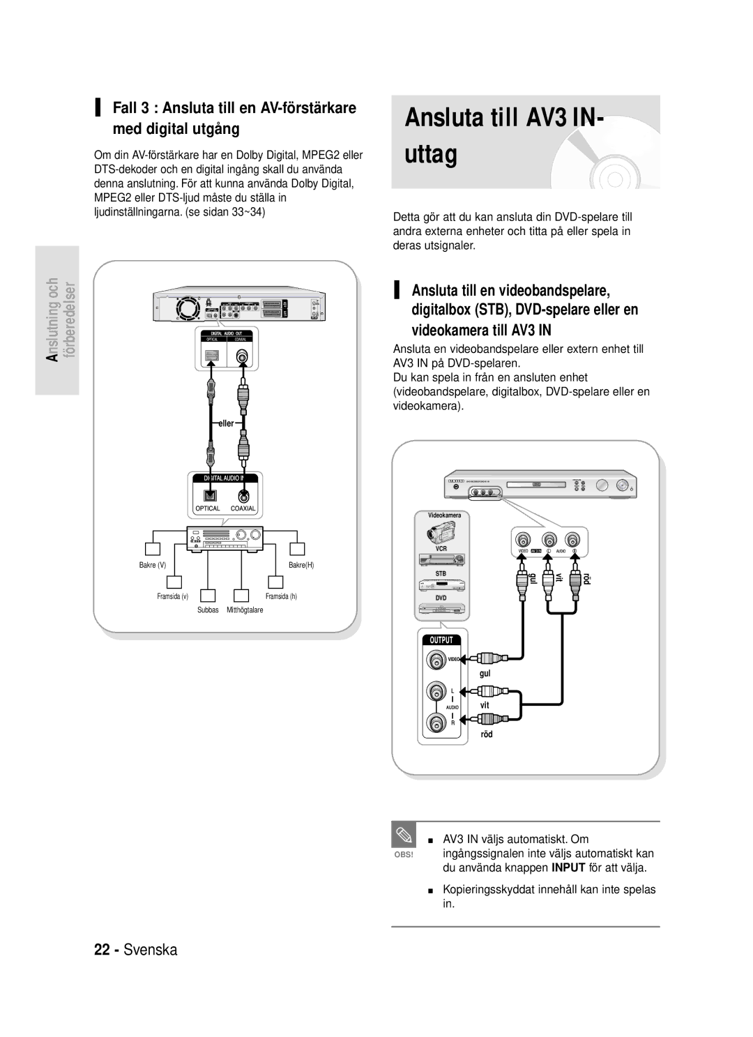 Samsung DVD-R119/XEE manual Ansluta till AV3 IN- uttag, Fall 3 Ansluta till en AV-förstärkare med digital utgång 