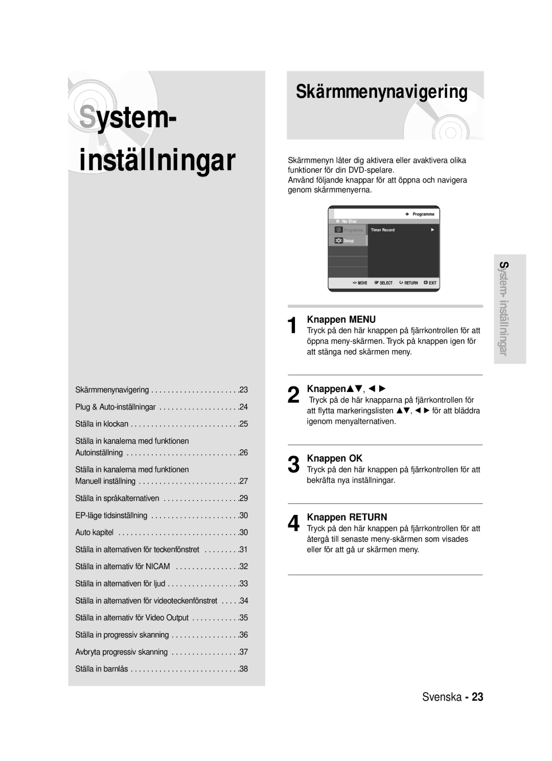 Samsung DVD-R119/XEE manual Skärmmenynavigering, Knappen Menu, Knappen…†, œ √, Knappen OK, Knappen Return 