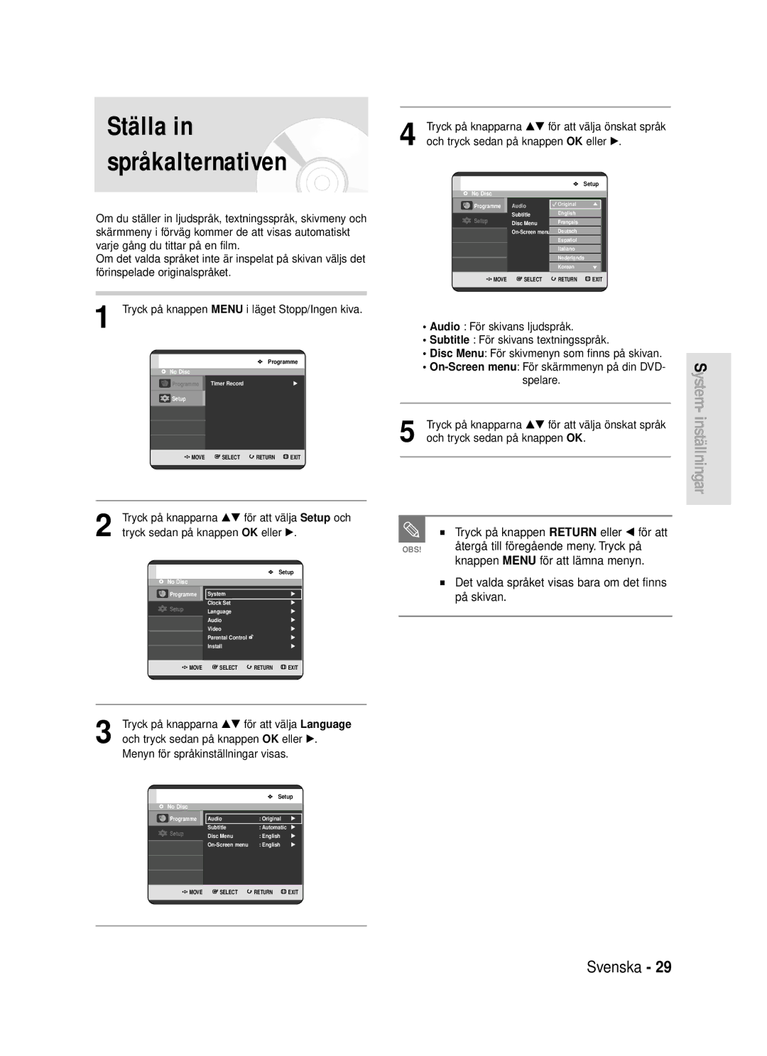 Samsung DVD-R119/XEE Ställa in språkalternativen, Återgå till föregående meny. Tryck på, Knappen Menu för att lämna menyn 