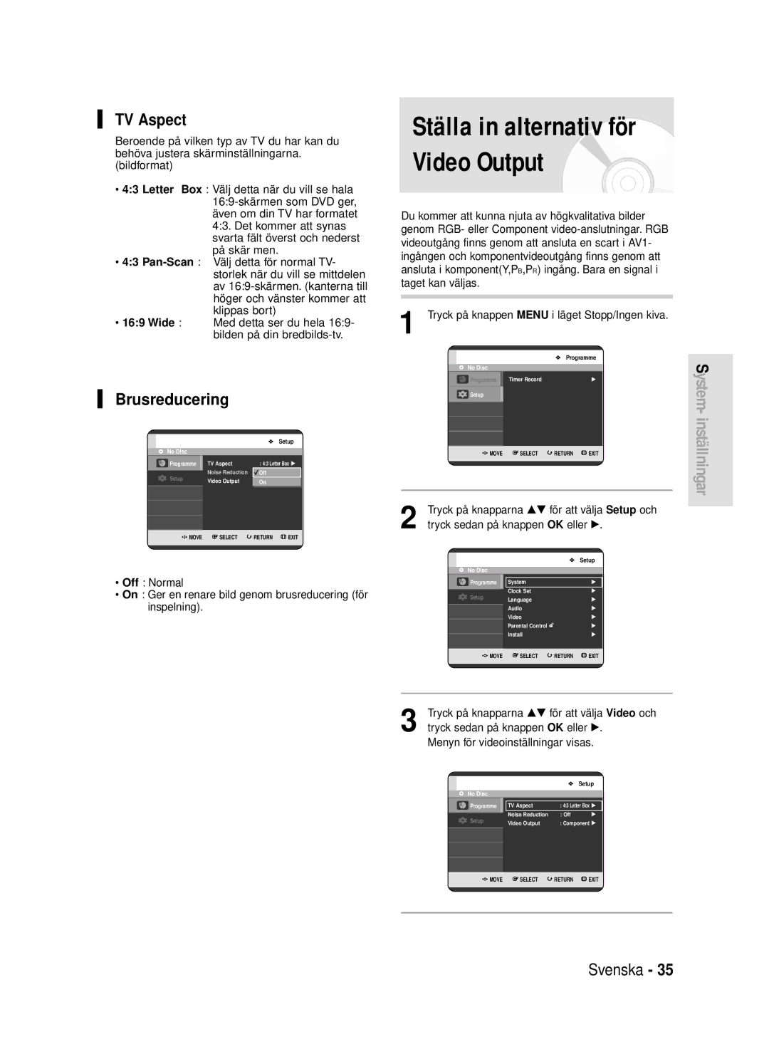 Samsung DVD-R119/XEE manual TV Aspect, Brusreducering, Tryck på knapparna …† för att välja Video och 