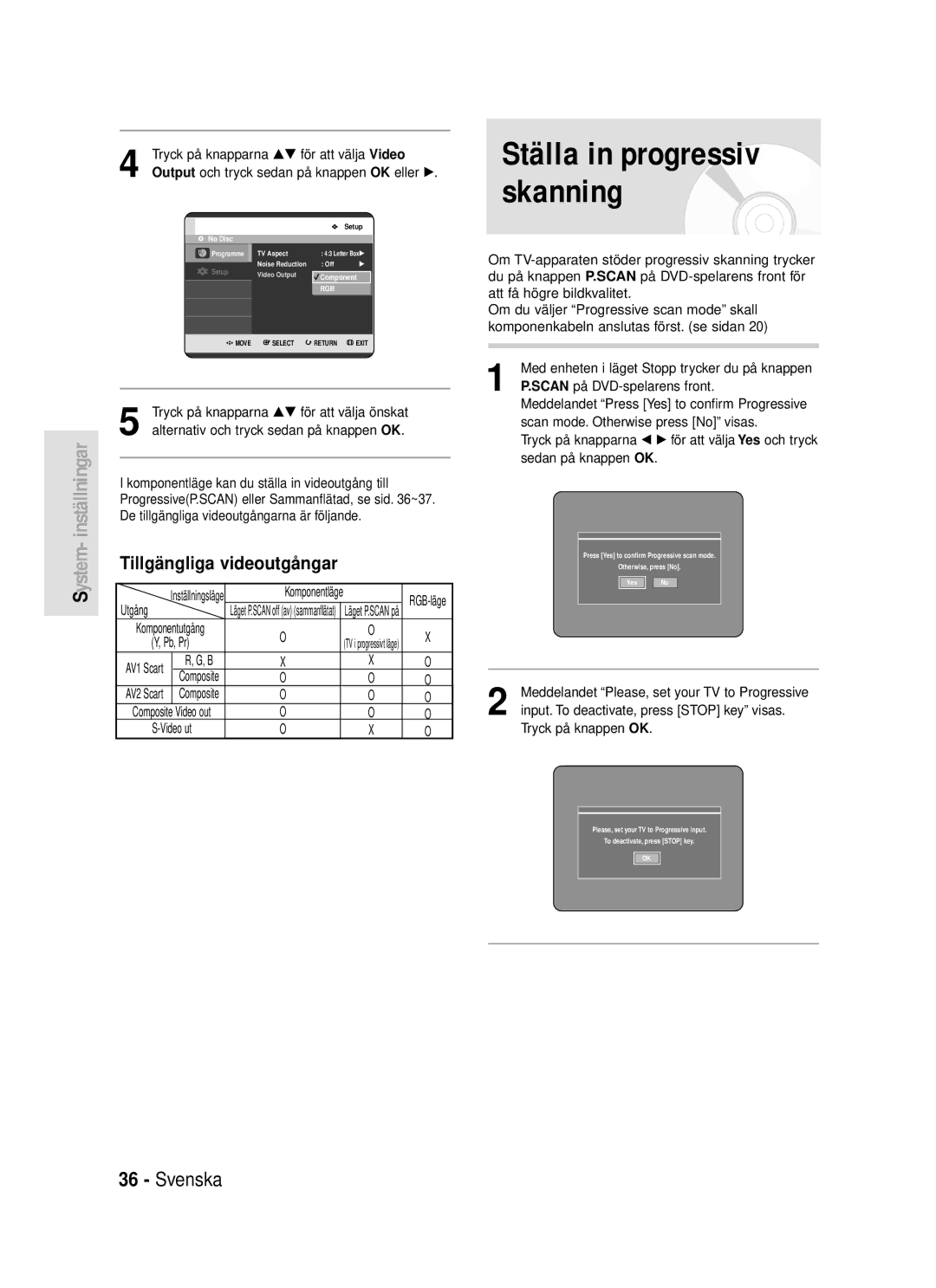 Samsung DVD-R119/XEE Ställa in progressiv skanning, Tillgängliga videoutgångar, Tryck på knapparna …† för att välja Video 