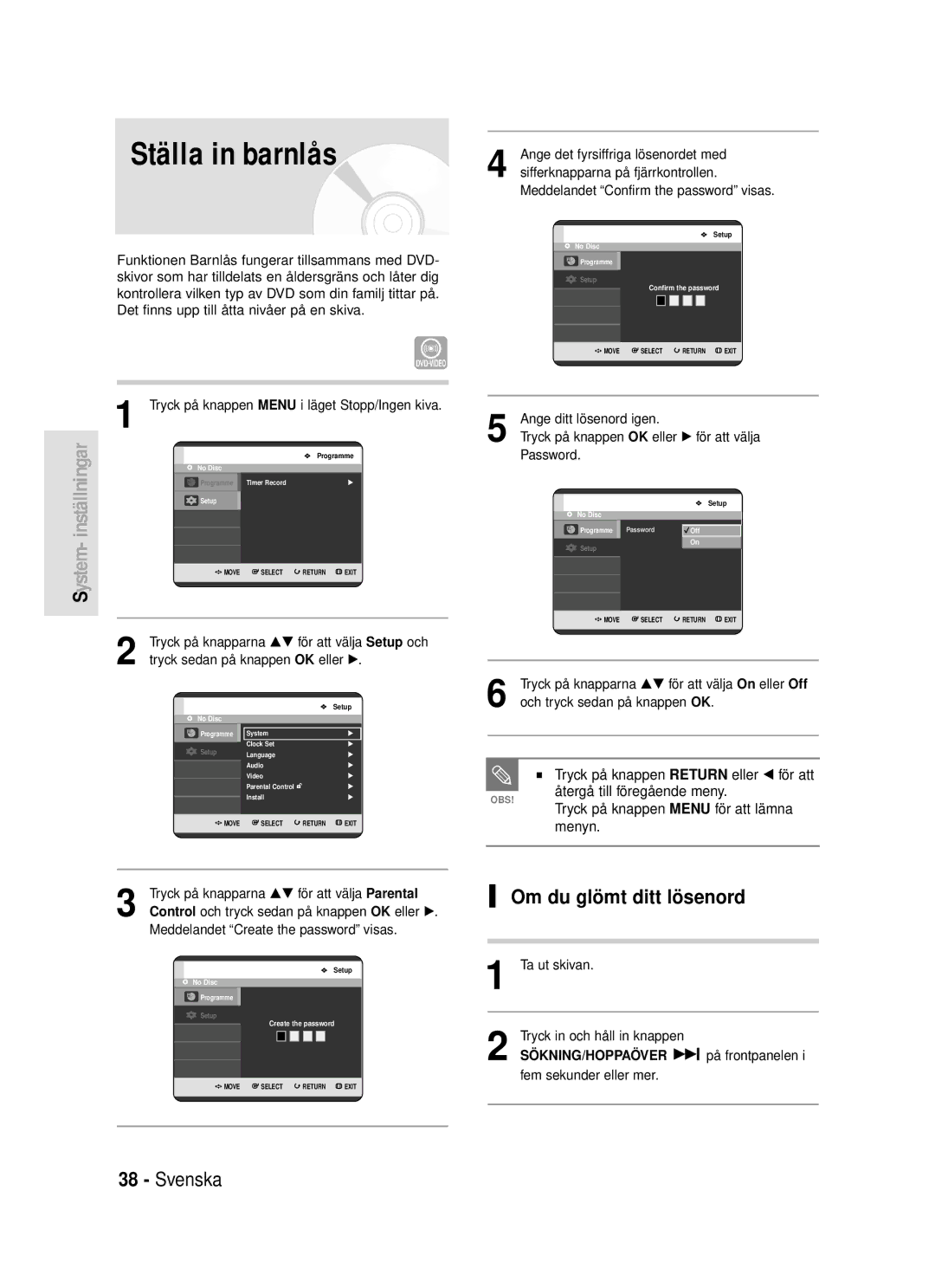 Samsung DVD-R119/XEE manual Ställa in barnlås, Om du glömt ditt lösenord, Password 