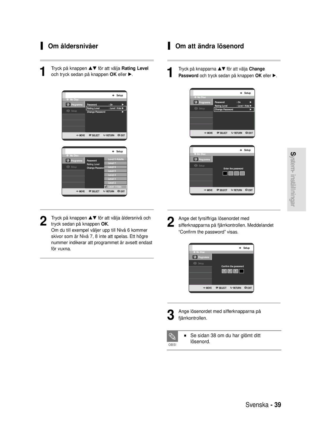 Samsung DVD-R119/XEE manual Om åldersnivåer, Om att ändra lösenord, Se sidan 38 om du har glömt ditt lösenord 