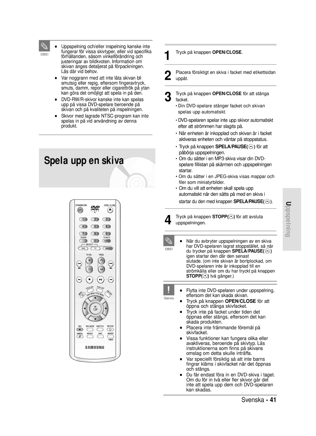 Samsung DVD-R119/XEE manual Spela upp en skiva 