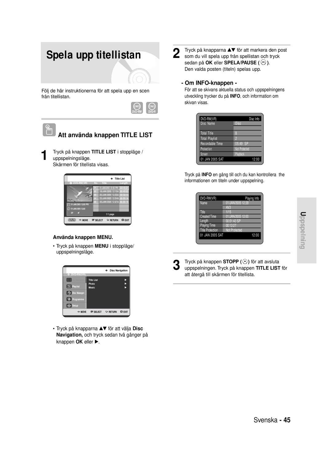 Samsung DVD-R119/XEE manual Spela upp titellistan, Att använda knappen Title List, Om INFO-knappen 