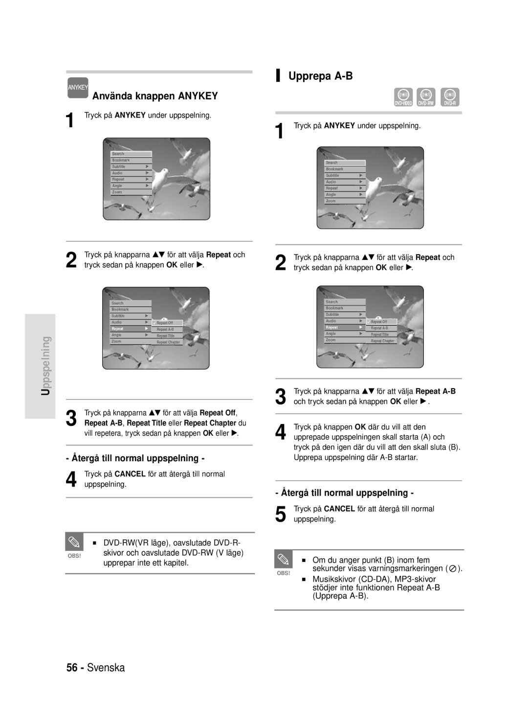 Samsung DVD-R119/XEE manual Upprepa A-B, Återgå till normal uppspelning, DVD-RWVR läge, oavslutade DVD-R 